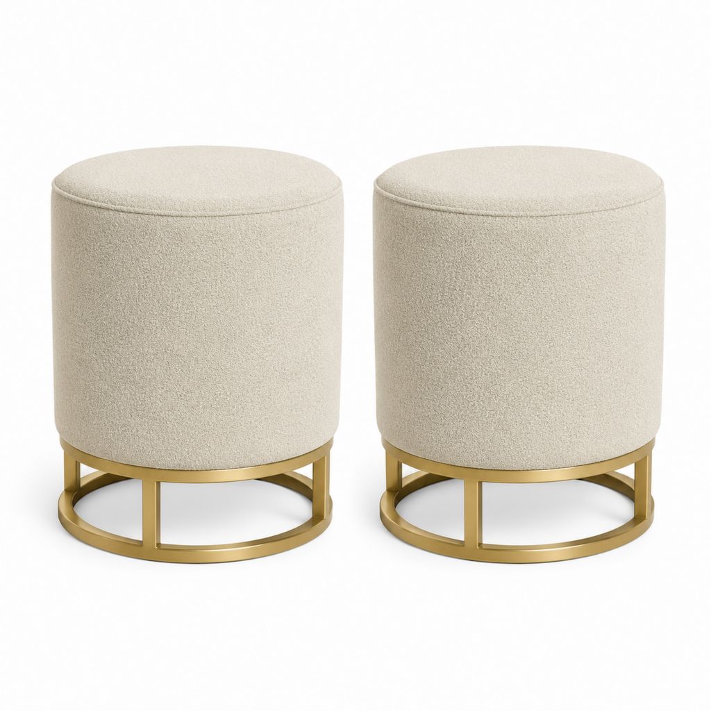 Set di 2 sgabelli imbottiti beige in poliestere bouclé rotondi con base in acciaio dorato 40 x 40 x 45 cm