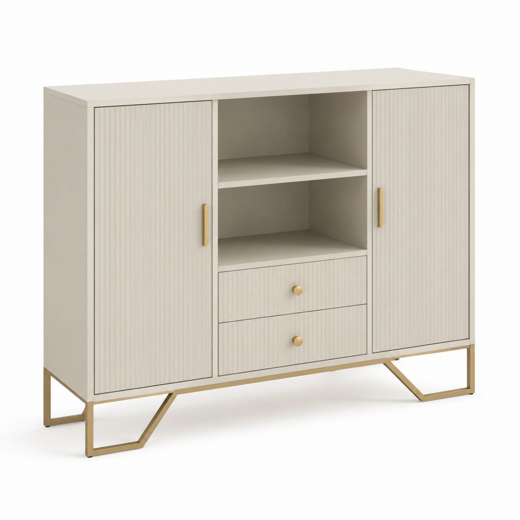 Credenza alta da sala da pranzo crema in MDF con ante scanalate e struttura in acciaio 120 x 40 x 120 cm