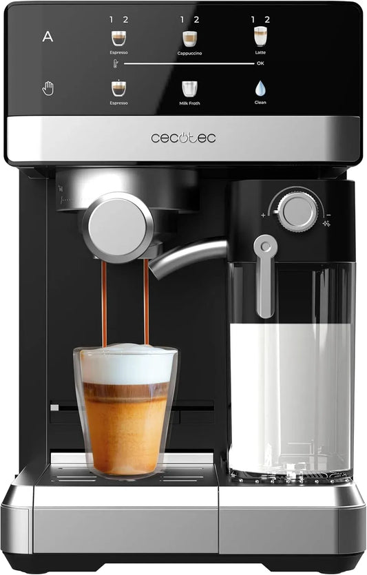 Cecotec Macchina per espresso, 1.8 L, 1350 W, touch, ampio serbatoio, 20Bar, Serbatoio Latte 500ml, Display Touch Ricettario, Acqua 1