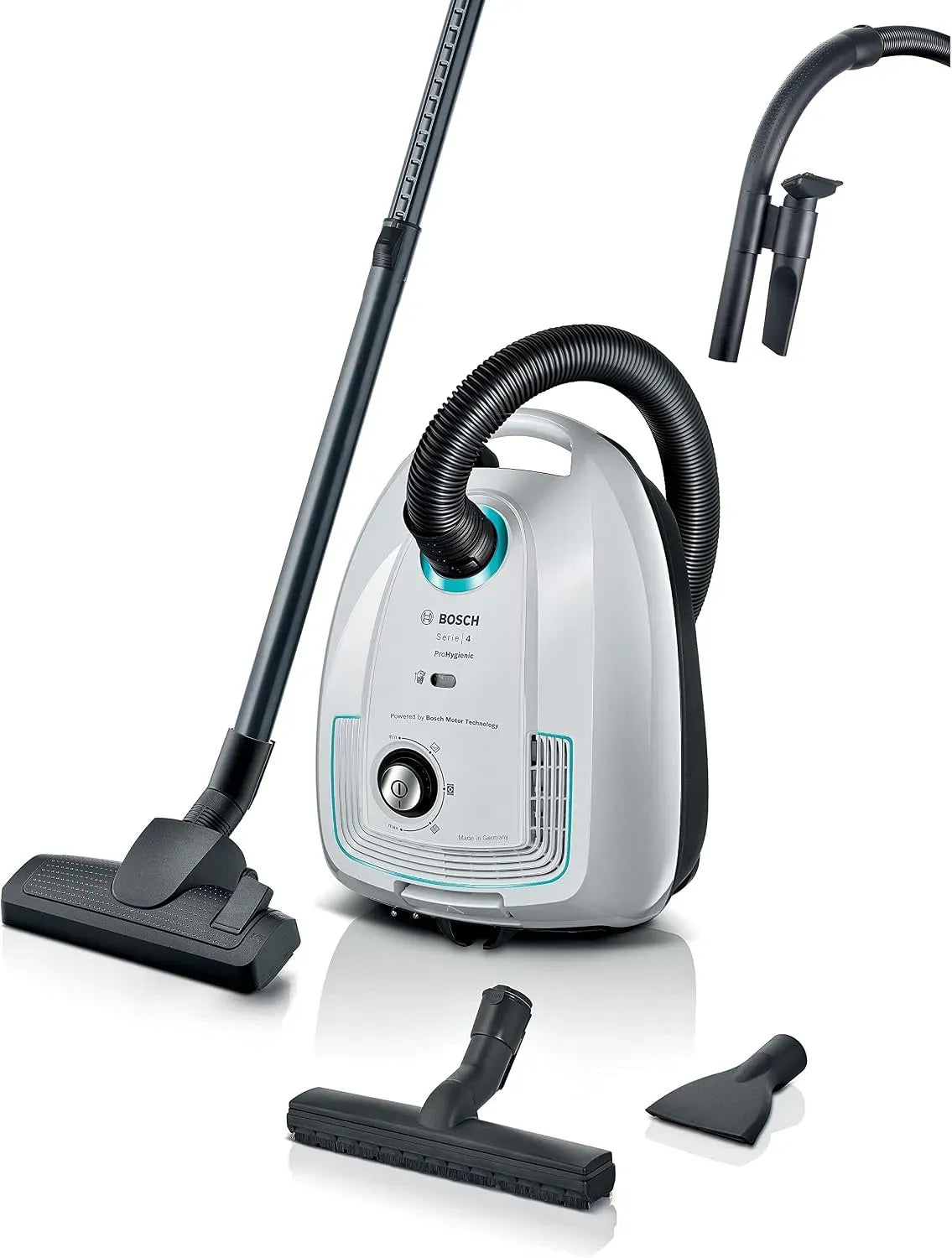 Bosch Serie 4 B38HYG1 Aspirapolvere, 4 L, bianco, Radio d'azione da 10 m, Borsa per rifiuti XL da l, BG
