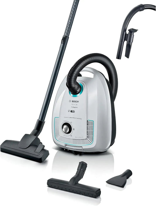 Bosch Serie 4 B38HYG1 Aspirapolvere, 4 L, bianco, Radio d'azione da 10 m, Borsa per rifiuti XL da l, BG