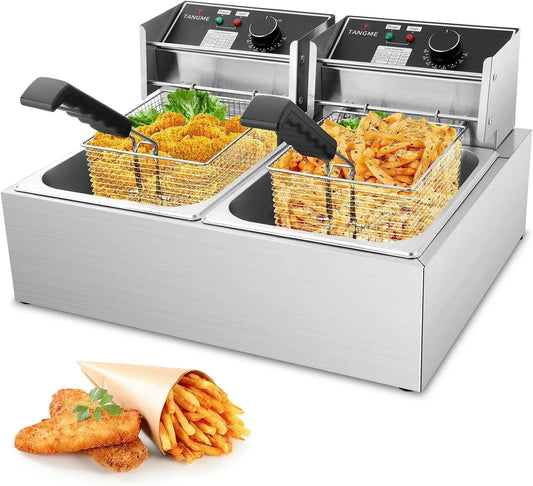 Elettrica Commerciale, Limitatore di Temperatura, 5000W Professionale con 2 Cestelli da 6L, Acciaio Inossidabile da 0,8mm, Capacità Totale 20L