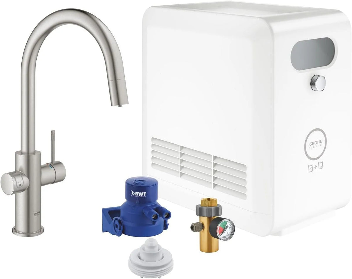 Lavello da cucina, blu, Super Steel, Grohe Rubinetto per Lavello Blue Professional con Doccetta Estraibile
