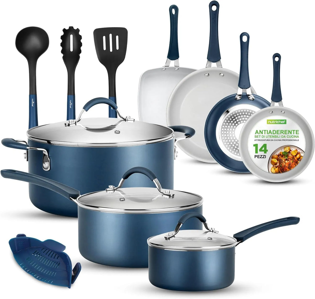 Pentola e padella, rivestimento antiaderente, blu, NutriChef Set di 14 Pentole e Padelle Antiaderenti