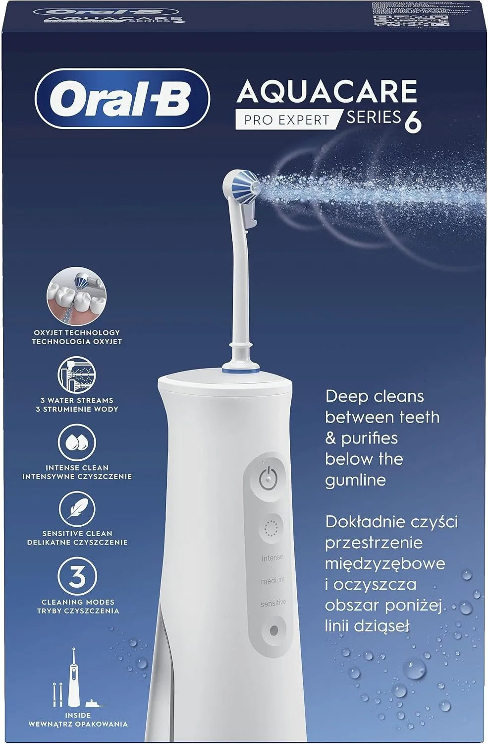 Serie 6 2 getti d'acqua, Oral-B AquaCare Pro-Expert Irrigatore con tecnologia ossigeno, 3 punte, bianco