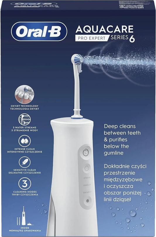 Serie 6 2 getti d'acqua, Oral-B AquaCare Pro-Expert Irrigatore con tecnologia ossigeno, 3 punte, bianco