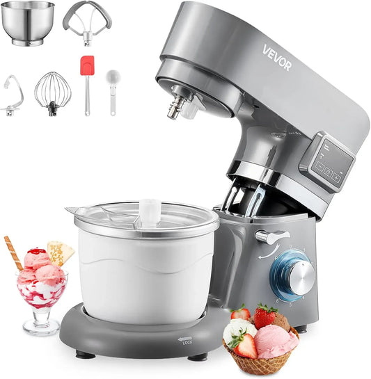 VEVOR Sorbetto, Timer, Gelatiera 1,7L, Planetaria a 6 Velocità con Display Digitale a LED, Grigio 1400W, Paletta, Gancio per Impastare e Paraspruzzi