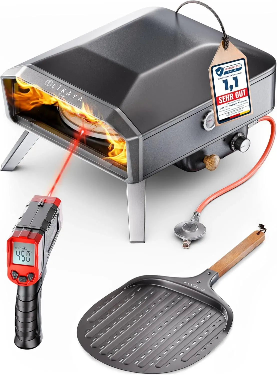 Forno elettrico per pizza, LIKAYA, pietra refrattaria, per pizza croccante in soli 90 secondi, pala per pizza, 6,2 kW, 450 °C